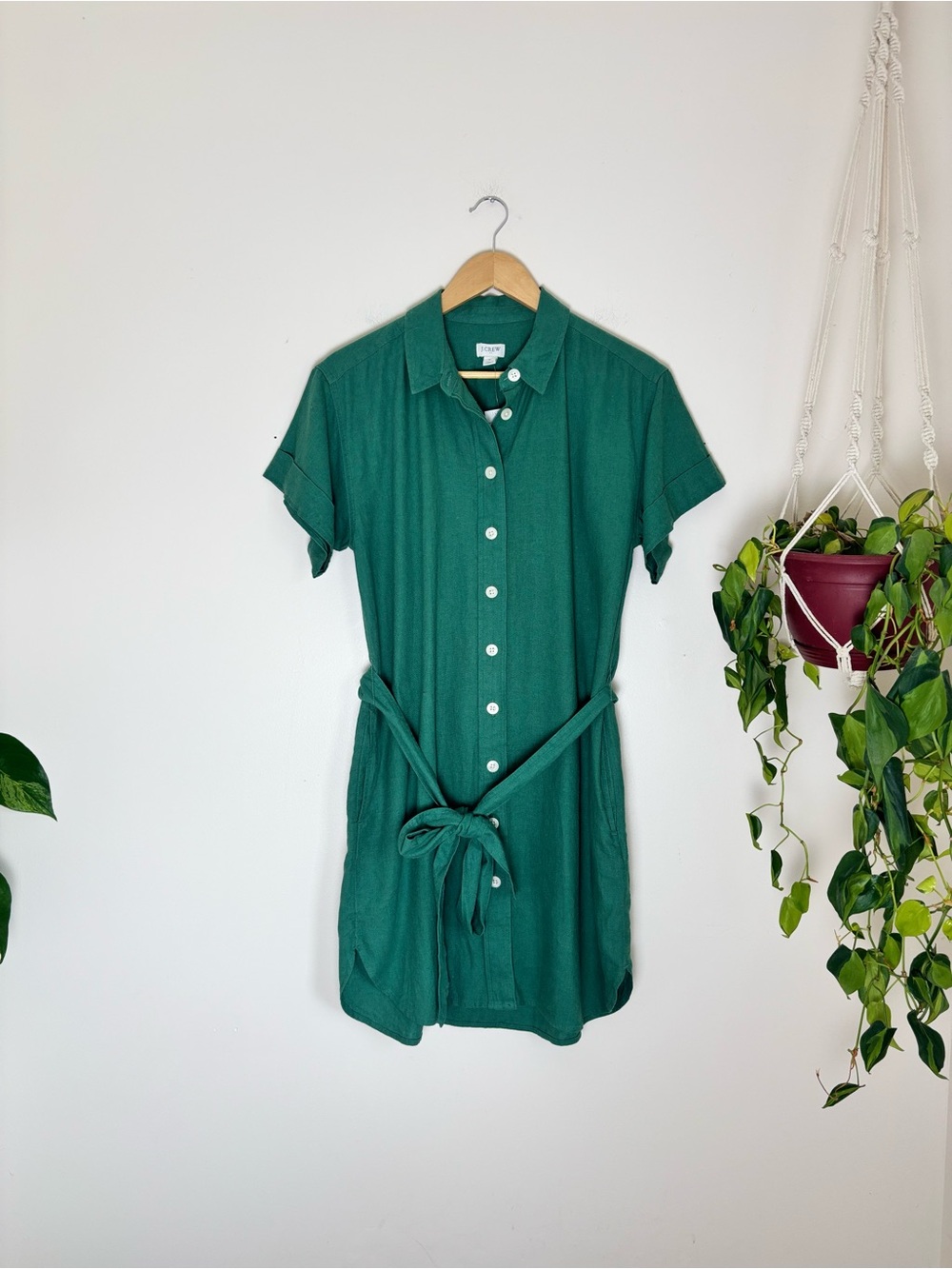 J.Crew Linen-Blend Belted Mini Shirtdress In Kelly Green - Picture 2 of 8